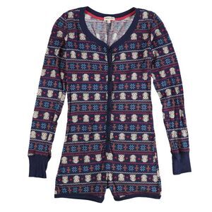 Cosmic Love Womens Fair Isle Owl Bodysuit Jumpsuit Pajama, Blue, NWT